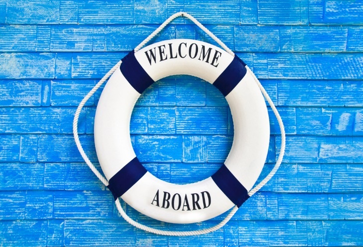 flotation device says welcome aboard to new boat owners