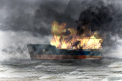 burning ship on sea on fire