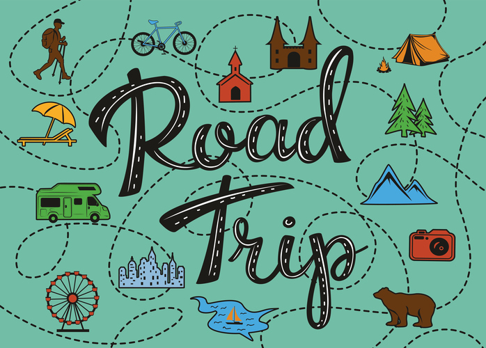 Roadtrip poster with a stylized map with points of interest and sighseeing for travelers