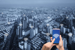 Wifi icon and Paris city with network connection concept, Shanghai smart city and wireless communication network, abstract image visual, internet of things.